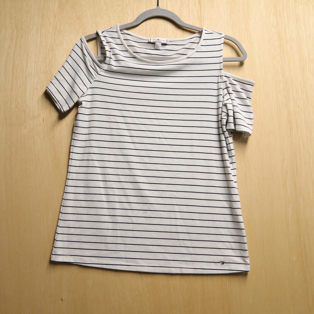 Tommy Hilfiger Womens Cold Shoulder Striped Top White Navy Blue Small